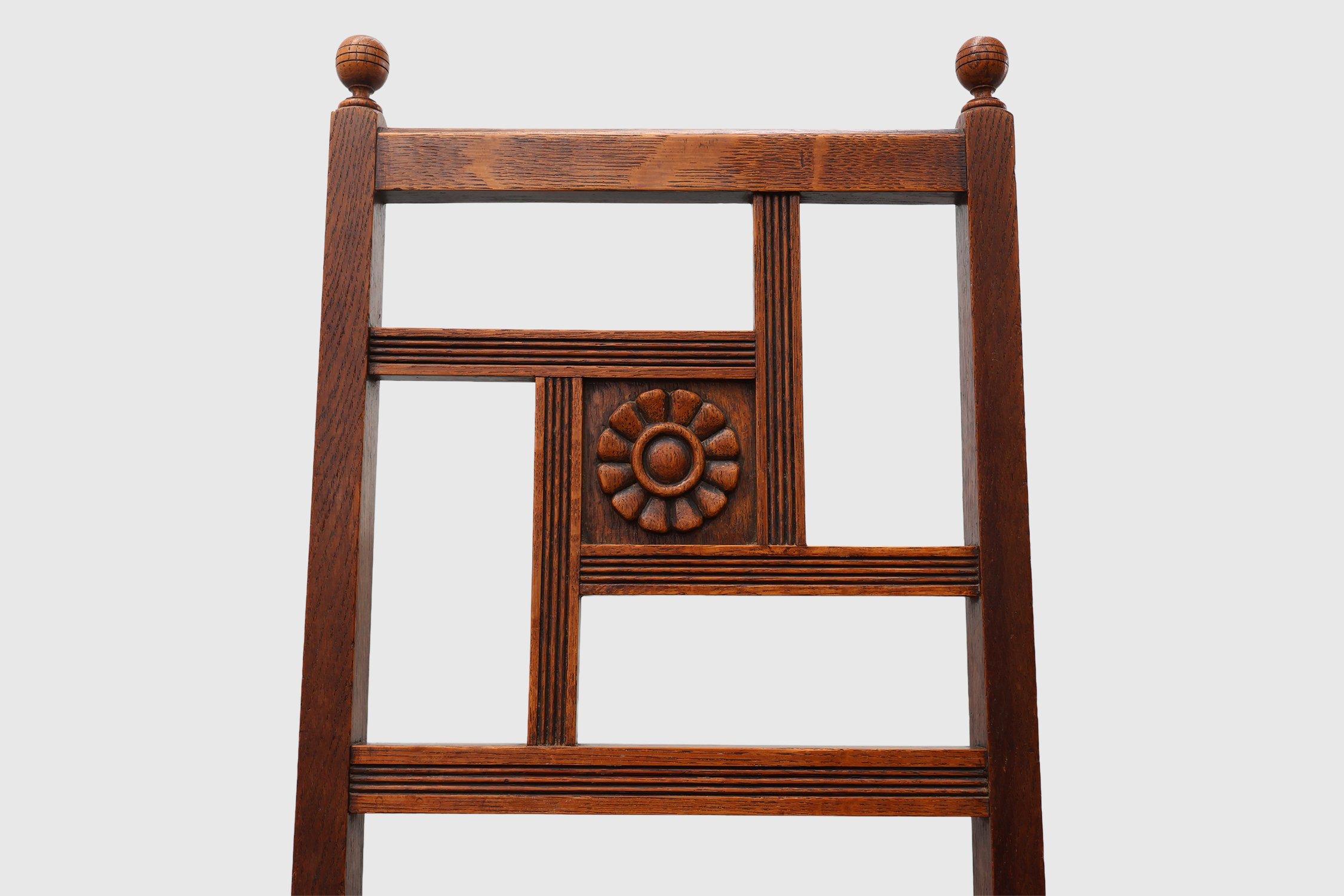 Art Deco oak side chair with carved rosette back and turned front legs, Belgium ca. 1915thumbnail